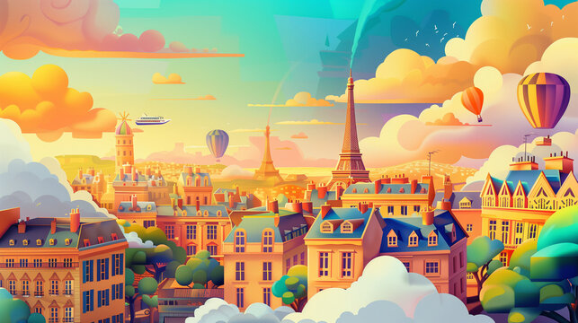 abstract panorama of paris, france, ludic scene, colorfull illustration