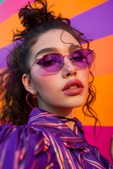 Fototapeta premium Portrait of young edgy woman wearing purple glasses and shirt on striped background.