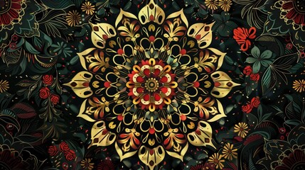 Kwiatowa wiosenna elegancka mandala na czarnym tle - obrazy, fototapety, plakaty