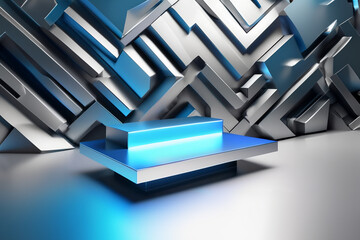 Empty silver metallic podium with blue neon gradient background.
