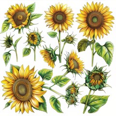Clip art illustration with various types of  sunflower 
on a white background.