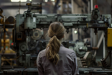 Woman operating heavy machinery on factory, rear view. - Powered by Adobe