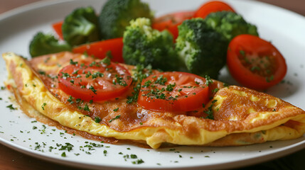 Stuffed omelette with tomatoes, red bell pepper and broccoli on light wooden background with copy space. Generative AI