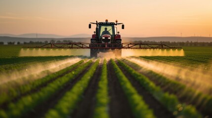 Tractor spraying pesticides on a crop field during sunset.