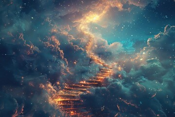 An abstract image of a staircase twisting up into the sky, merging with clouds and stars. It represents a journey into the unknown realm of thought. by AI generated image - obrazy, fototapety, plakaty