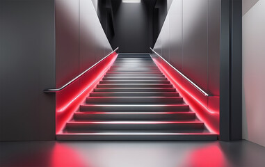Empty silver metallic stairs with red neon gradient background
