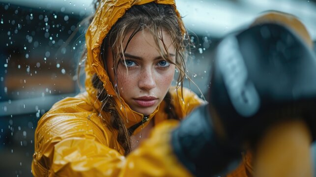 Determined female boxer in yellow raincoat training outdoors. - Powered by Adobe