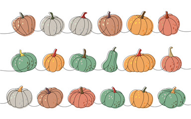 Autumn halloween pumpkins. Halloween pumpkins one line colored continuous drawing. Autumn vegetables continuous one line illustration.