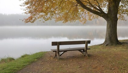 Fototapeta na wymiar A wooden bench under an autumn tree right on the shore of a misty lake