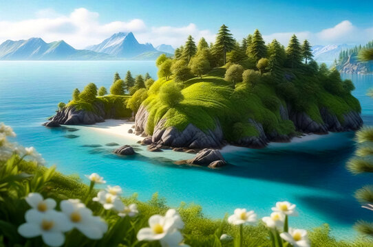 Wallpaper of bright spring view of Island. Landscape of Amazing picturesque natural morning. Beauty of nature concept backgrounds. Copy ad text space. Generative Ai illustration