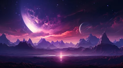 Poster a purple sky with mountains and a planet in the distance © Stegarescu