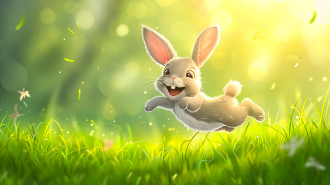 A happy grey Easter bunny jumping on the grass. Easter design concept with copy space