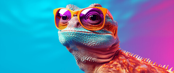 a lizard with sunglasses in blue space, in the style of vibrant color-blocking, 32k uhd, post-internet aesthetics, pink and amber, heatwave, vibrant colours - obrazy, fototapety, plakaty
