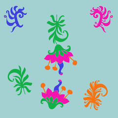 Cartoon  colored branch, flower.  Hand drawn.