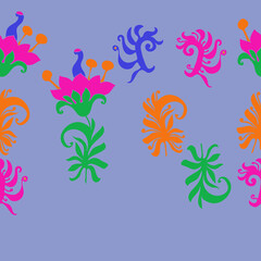 Horizontal arrangement colored branch, flower.  Hand drawn.
