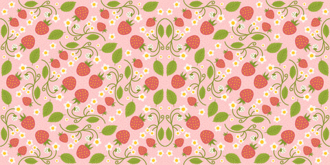Design of a seamless strawberry pattern with charming berries, flowers, green leaves. Repeated surface design applicable for kids apparel, textiles, wrapping paper, and additional purposes