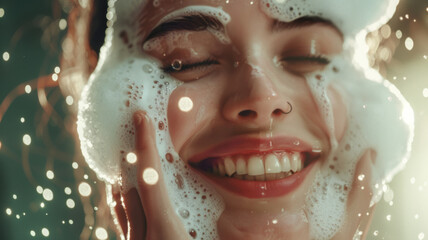 Joy incarnate as soap suds dance on the exuberant face of a cheerful woman. - obrazy, fototapety, plakaty