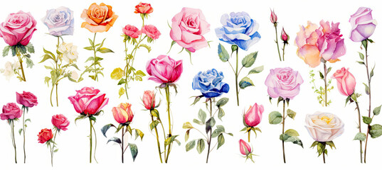 Collection of watercolor roses flowers Isolated on white background