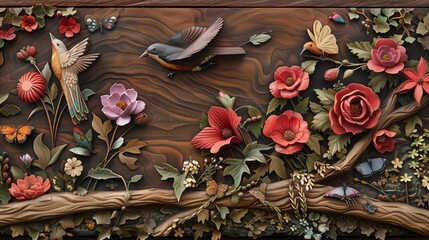 Wystruganie kwiatów i ptaków na drewnianej płycie. Obraz przedstawia scenę związana z wiosną, charakteryzuje się skomplikowanymi detalami i rzeźbieniem w drewnie. - obrazy, fototapety, plakaty
