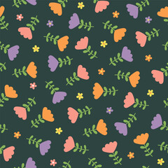 Seamless pattern with flowers on dark green background. Template for cards, posters, postcards, prints, wallpaper, fabric