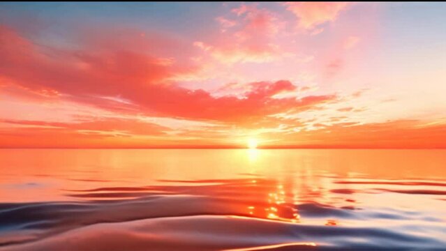 Orange and red hues fill the sky as the sun dips below the horizon, casting a reflection on the calm ocean water