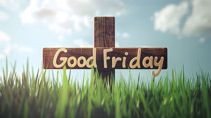 A christian cross in the grass with text "Good Friday"