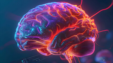 A visually striking MRI image of a brain, where neural pathways associated with happiness light up in neon colors against a sleek, modern interface. The image conveys a message of optimal health.