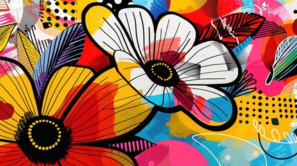 Kolorowe kwiaty malowane na białym tle, ukazujące wesołą i energetyczną interpretację wiosny. - obrazy, fototapety, plakaty