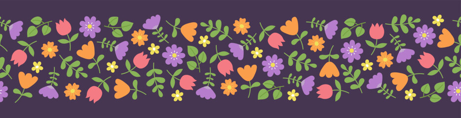 Seamless border with flowers on dark purple background. Template for cards, posters, postcards, prints, fabric