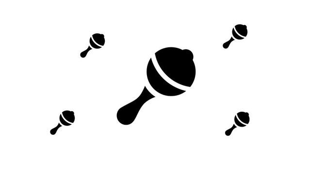 Zoom in and out animation the baby rattle symbol. Large black symbol in the center and four small symbols around. Seamless looped 4k animation on white background