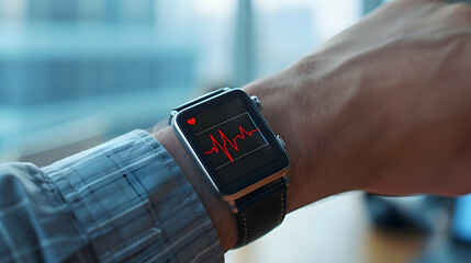 A dynamic angle of a man's wrist wearing a smartwatch, the screen displaying a striking red heart rate waveform, with a blurred office environment in the background.