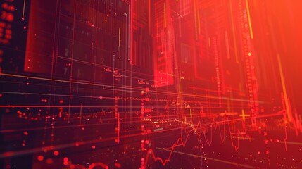 Digital financial analytics display with glowing red graphs and world map.