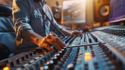 DJ's hands expertly maneuvering on a sound mixer. - obrazy, fototapety, plakaty