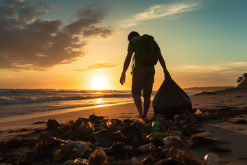 A volunteer cleans up the beach at sunset, highlighting environmental conservation for Earth Day.