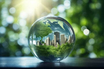 A city skyline within a glass globe surrounded by trees signifies Earth Day and environmental balance.