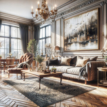 a living room with a couch, table and chairs, a stock photo  shutterstock contest winner, modern european ink painting, vray tracing, rendered in unreal engine, photoillustration