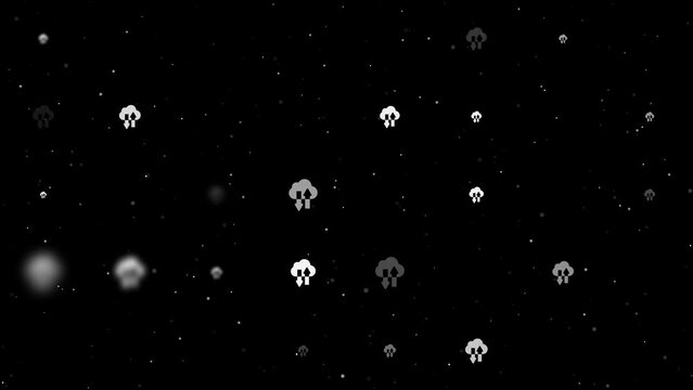 Template animation of evenly spaced cloud technology symbols of different sizes and opacity. Animation of transparency and size. Seamless looped 4k animation on black background with stars