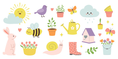 Spring set of cute rabbit, bee, snail, bird and flowers. Design elements for cards, posters, prints and stickers © Yaryna