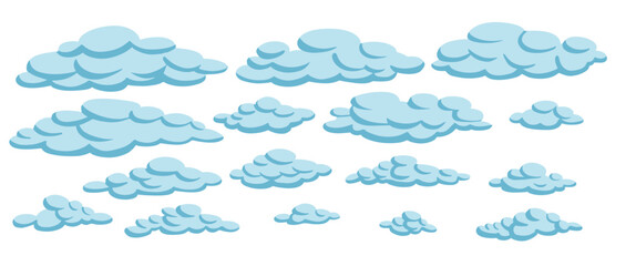 Flat Cartoon clouds collection. Cloudscape in sky, white cloud with shadows isolated vector illustration