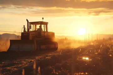 Construction Machinery at Sunset - Bulldozer on Dirt Terrain, heavy machinery, construction site, earthmoving, heavy equipment