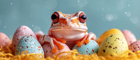 a cute red and white pattern color tree frog on a pile of colorful easter eggs in yellowish hay...