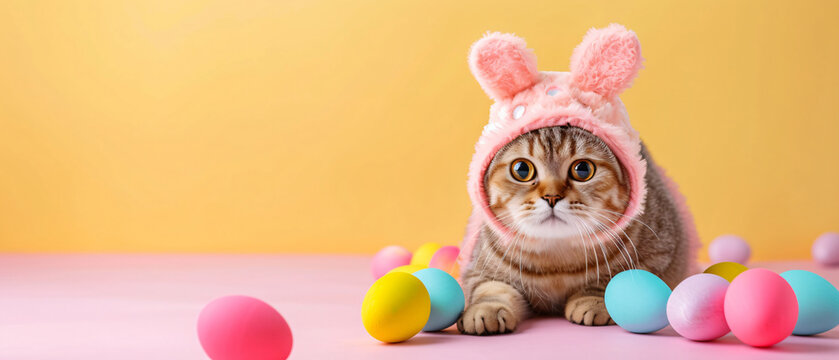a chubby cat wearing cute pink bunny easter costume in a room with a pastel yellow background and pink floor with colorful easter eggs scattering around on the floor in widescreen