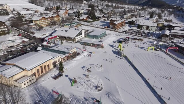 Aerial view of snow covered Ramsau am Dachstein during winter, Styria, Austria.