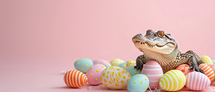 a stock photo with a crocodile on a pile of colorful easter eggs in a pastel pink room in widescreen.