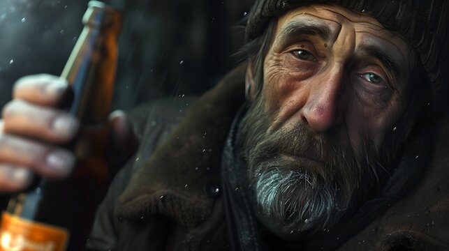 Compassionate Homeless Man with Beer Bottle - Raising Awareness, homelessness, social issue, poverty, destitution