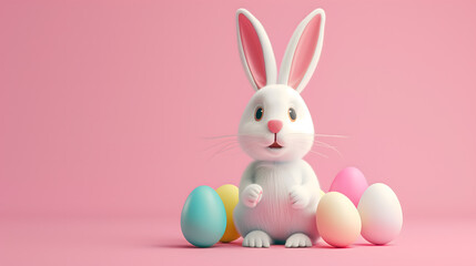 A 3d illustration of a cute fluffy white Easter bunny with colorful Easter eggs on a pink background