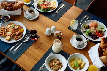 Variety of food served for breakfast in hotel.