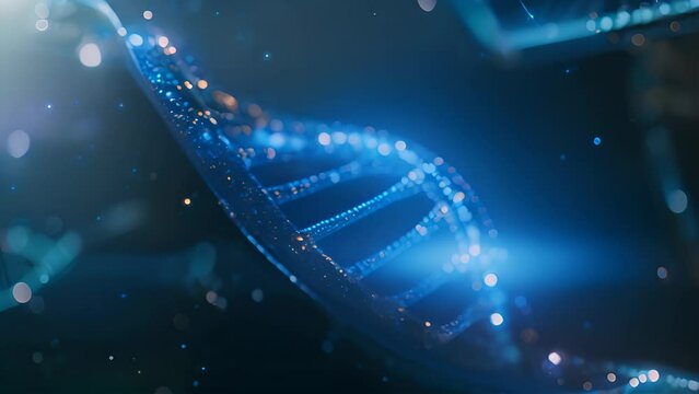 DNA strand spinning over dark background in futuristic style - Powered by Adobe