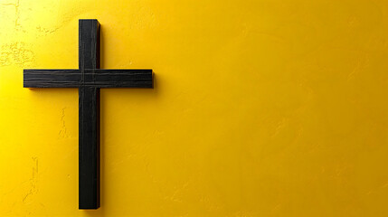 A black Christian cross on a yellow wall. Good Friday design concept with copy space