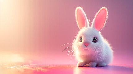 A 3d illustration of a cute fluffy white Easter bunny on a pink background